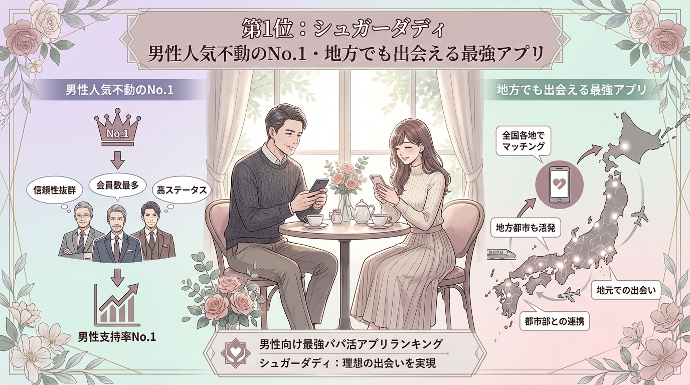 第1位：[シュガーダディ](https://sugardaddy.jp/)、男性人気不動のNo.1・地方でも出会える最強アプリ