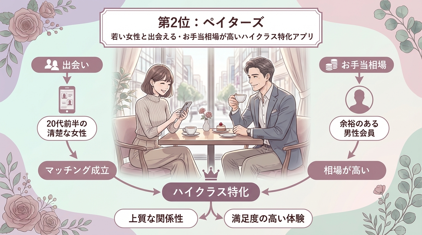 第2位：[ペイターズ](https://paters.jp/)、若い女性と出会える・お手当相場が高いハイクラス特化アプリ